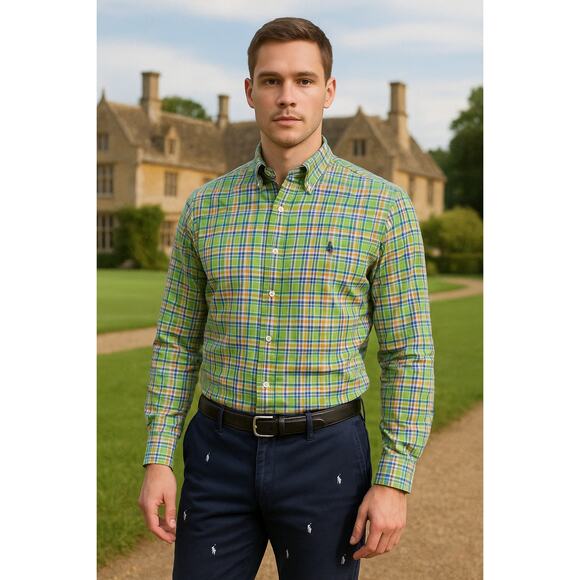 Ralph Lauren Polo Custom Fit Plaid Shirt Mens Large Green Blue - Picture 1 of 10